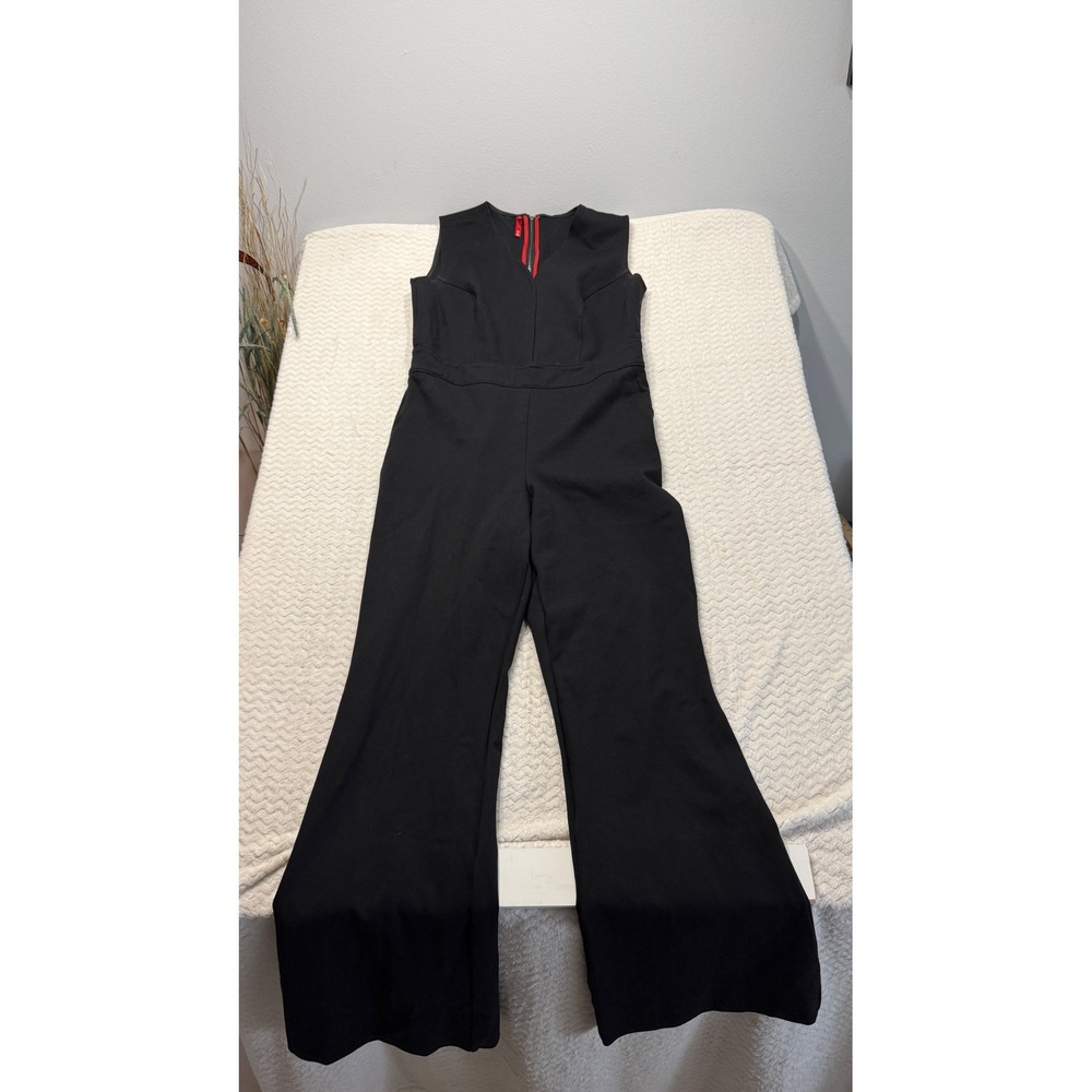 Spanx Womens Black Sleeveless V-Neck Wide Leg Ponte Jumpsuit Size Large L